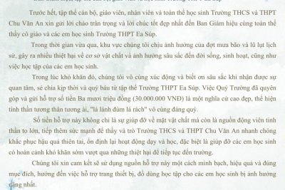 TRƯỜNG THCS VÀ THPT CHU VĂN AN GỬI THƯ CẢM ƠN BAN GIÁM HIỆU, GIÁO VIÊN, NHÂN VIÊN VÀ HỌC SINHTRƯỜNG THPT EA SÚP
